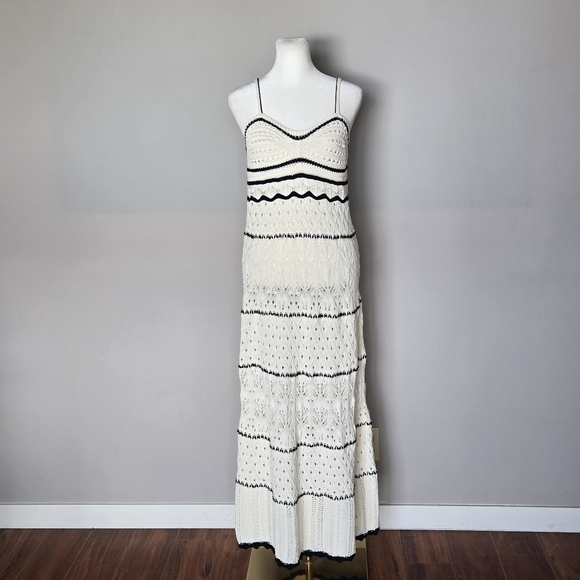 Zara Boho Crochet Open Knit Strappy Beach Maxi Dress Cream with Black Trim Large - Picture 3 of 11
